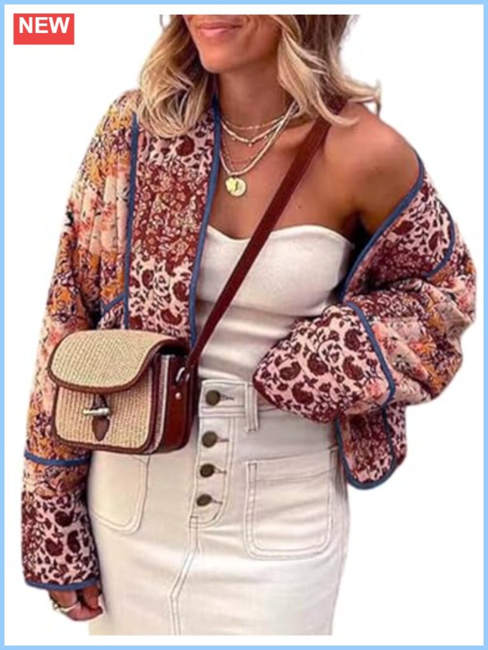 Women's Reversible Floral Quilted Cropped Puffer Jacket Long Sleeve